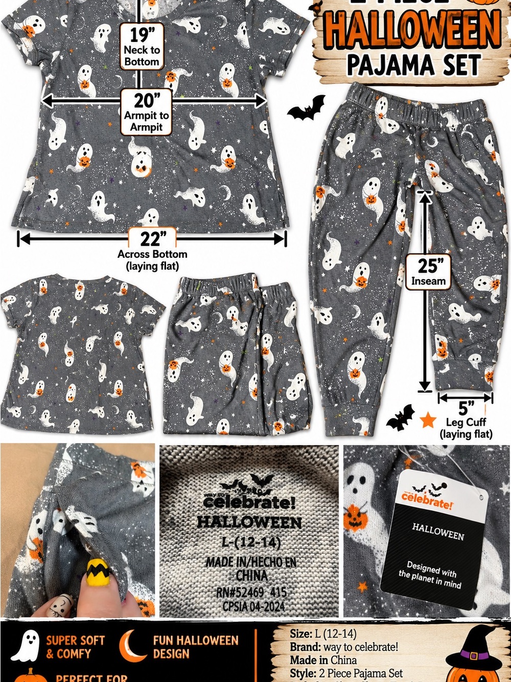 Way to Celebrate! Women's Halloween Pajama Set - Gray Ghost Print